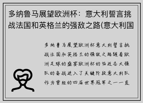 多纳鲁马展望欧洲杯：意大利誓言挑战法国和英格兰的强敌之路(意大利国家队守门员多纳鲁马)